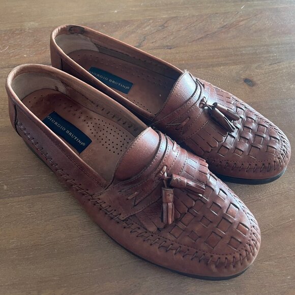 Giorgio Brutini Men’s Brown Leather Weaved Tassel Loafers Size 11 D Made Brazil - Picture 2 of 9